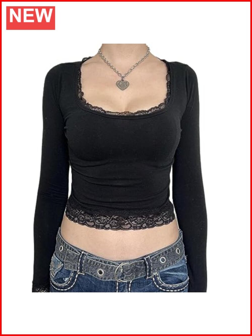 Y2K Lace Trim Long Sleeve Crop Top Square Neck Ribbed Knit Women's